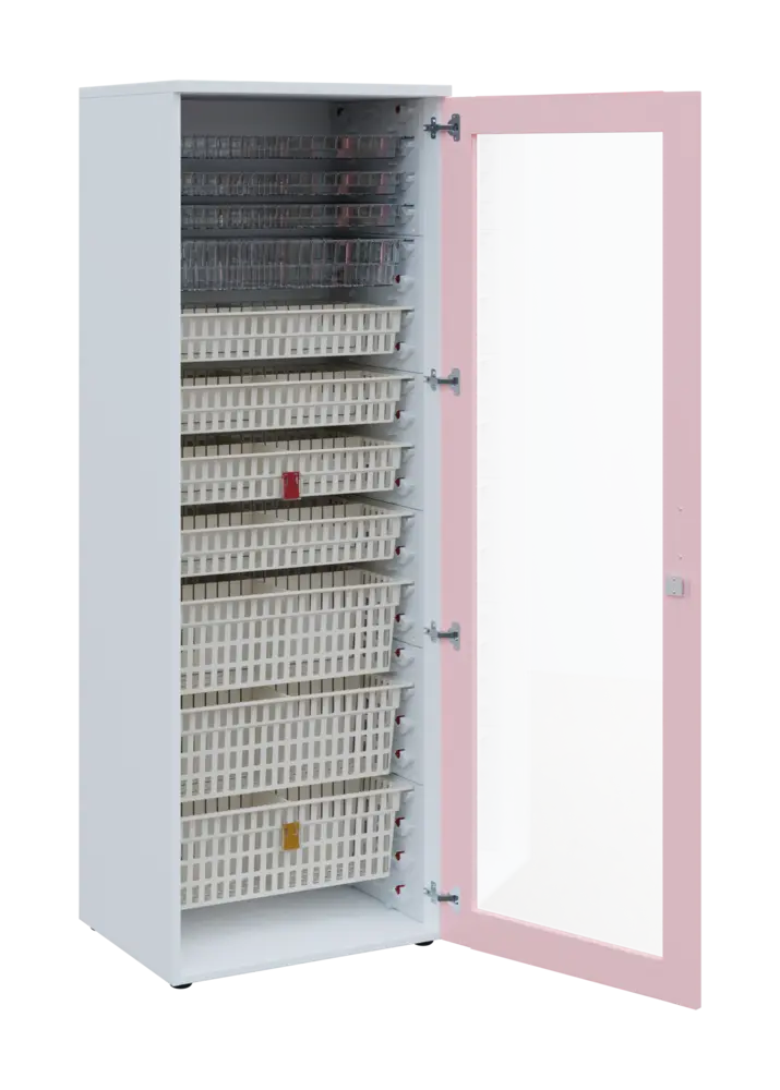 EUROMEDICA S - 66 skříň léková boxová, 1-dveřová/prosklená, pravá, 1950x660x535, korpus bílý, dvířka pastelově růžová